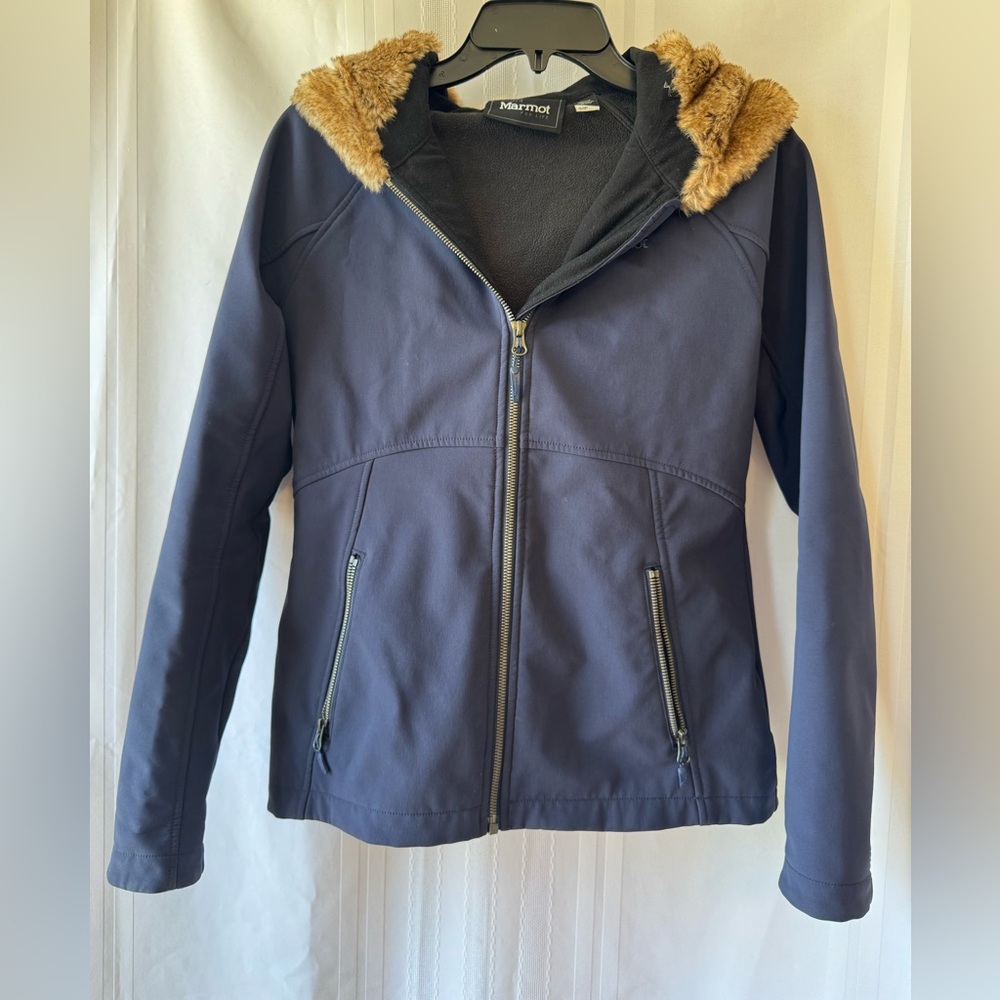 Marmot Women’s Navy Blue Hooded Fur Jacket Coat Fleece Lined Small Petite